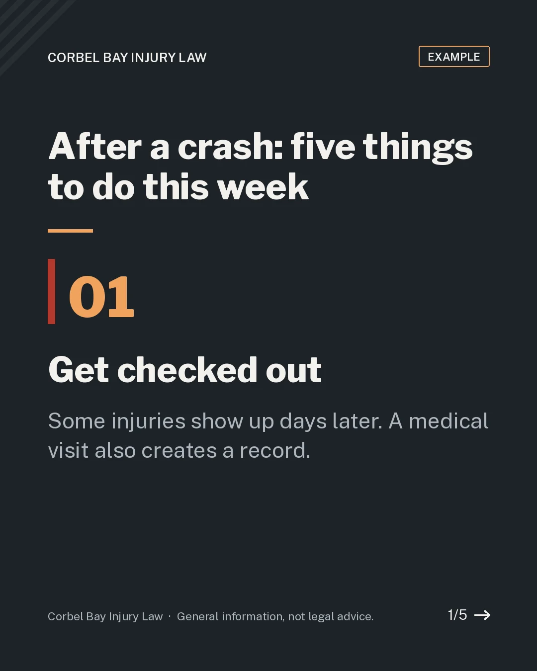 Carousel slide 1 of 5: After a crash, five things to do this week. Get checked out.
