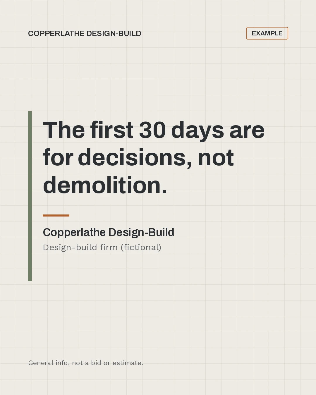 Example quote card for fictional business Copperlathe Design-Build: The first 30 days are for decisions, not demolition.