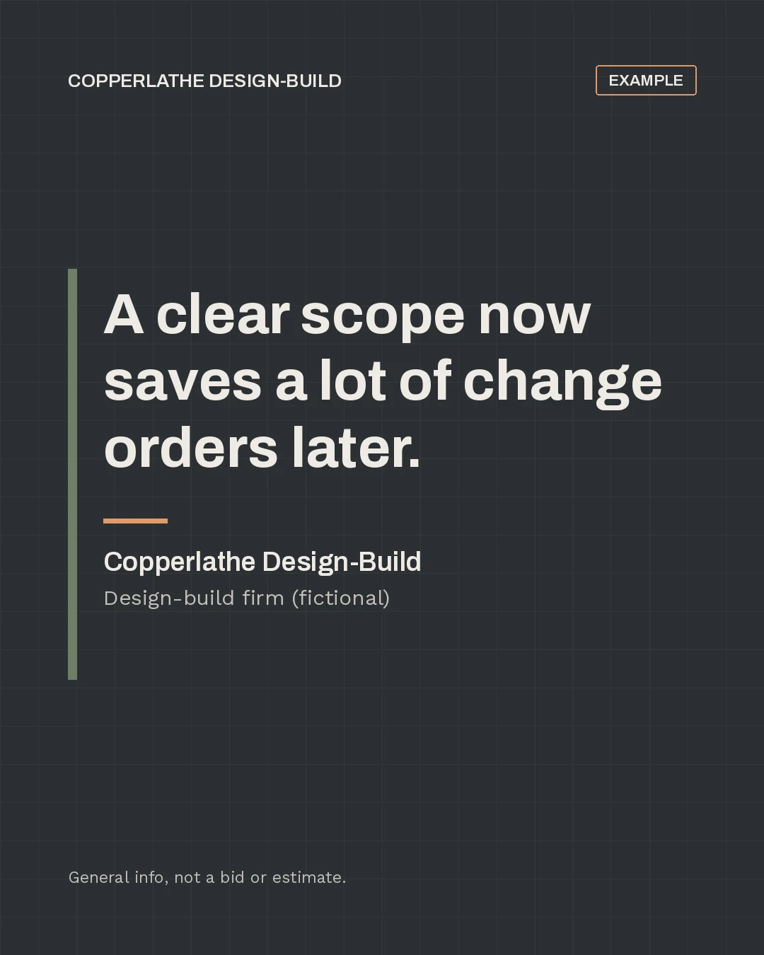 Example quote card for fictional business Copperlathe Design-Build: A clear scope now saves a lot of change orders later.