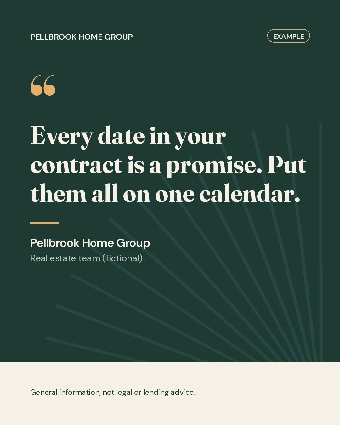 Example quote card for fictional business Pellbrook Home Group: Every date in your contract is a promise. Put them all on one calendar.